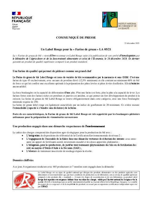 Un Label Rouge pour la « Farine de gruau » (n°LA 05/21)